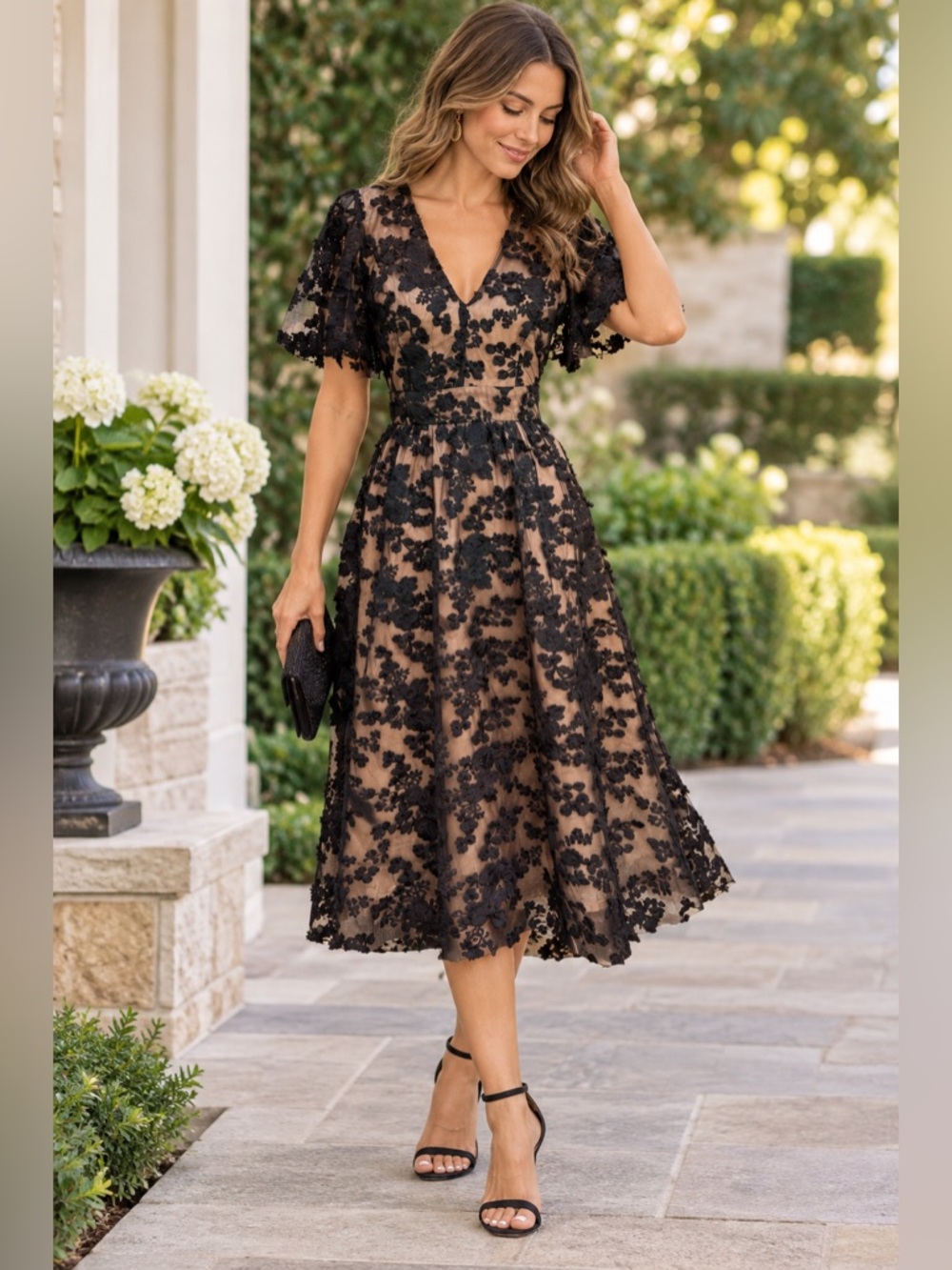 Flying Tomato S Black Floral Lace with Nude Underlay Fit & Flare Midi Dress